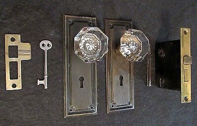 1 Pair Antique Glass Door Knobs Skeleton Key Mortise Backplate (MANY AVAILABLE!)