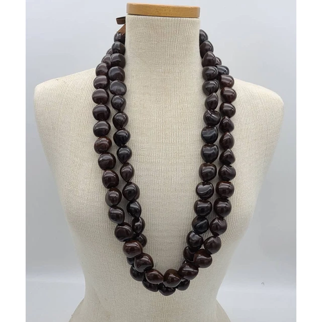 2 Kukui Nut Solid Black Lei Hawaiian Necklace Tiki Luau Bohemian Natural Vintage