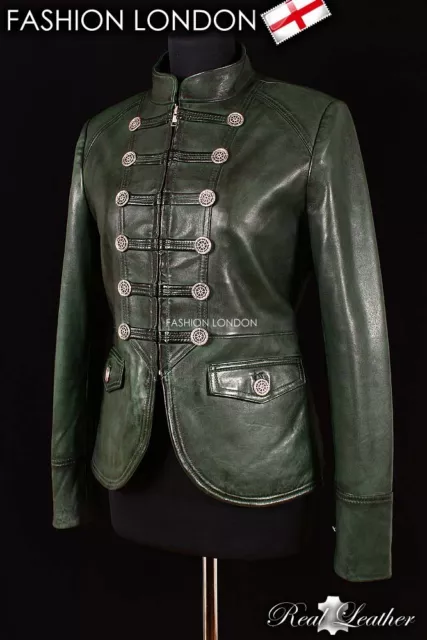 'LEGION Ladies Military Parade Dark Green Washed Designer Rock Lambskin Leather