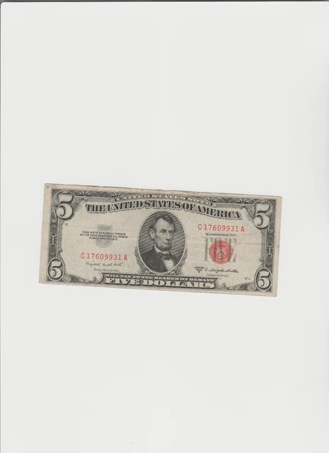 1953-B Five Dollar RED Seal Note United States Note Old US Bill $5 Average Circ