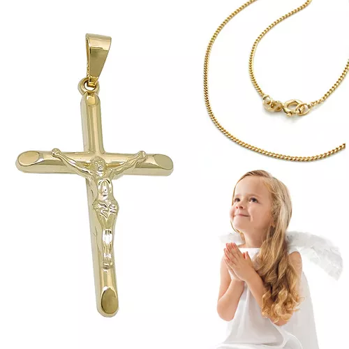 Jesus Korpus Kreuz Anhänger Echt Gold 585 mit Kette nach Wahl Silber vergoldet