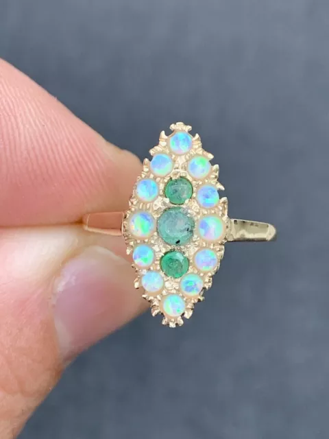 9ct Gold Emerald & Opal Victorian Style Ring, 9k 375
