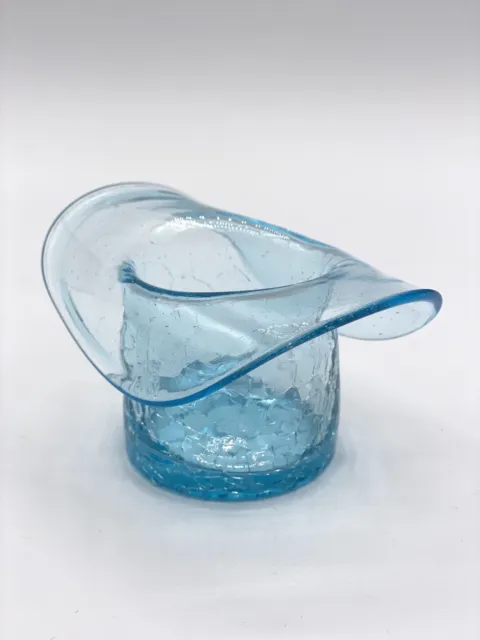 BLENKO Art Glass Hand Blown Blue Crackle Glass Small Bowl Vase Top Hat Shape