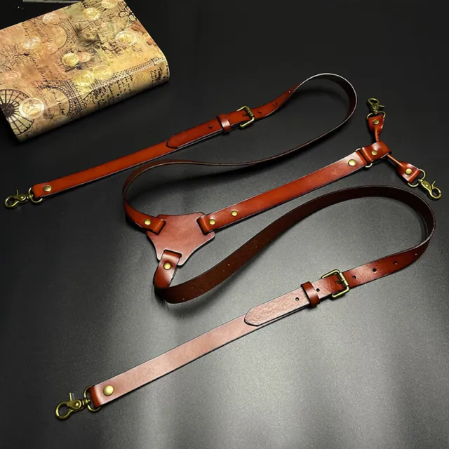 Men's Vintage Genuine Leather Adjustable Suspenders Braces Belt With Hooks Loop