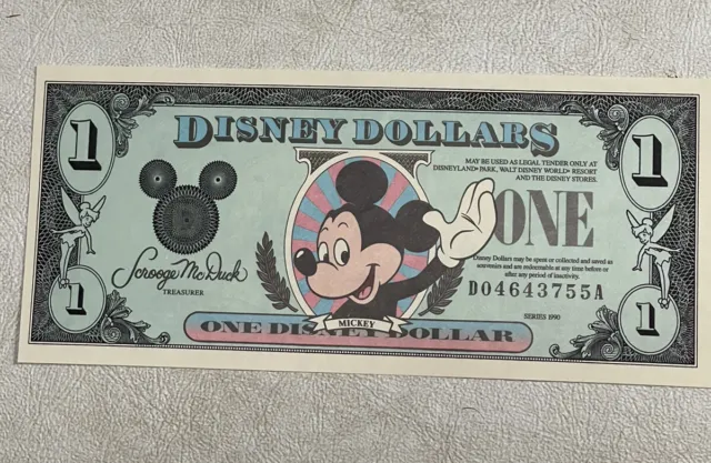 Disney Dollars 1990 $1 Mickey Cinderella Castle Note Bill - Crisp Uncirculated