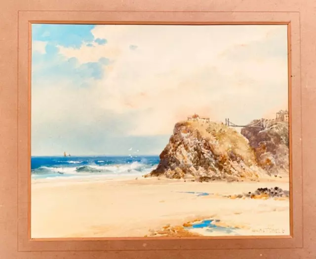 "Newquay Island - W. Mitchele acquerello artista della Cornovaglia paesaggio marino circa 8"" x 7"