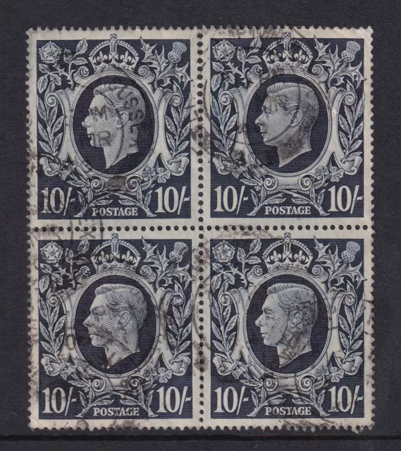 KGVI SG478ab 10/- Dark Blue Blot on Scroll, block of 4 Very Good USED (Q32d)