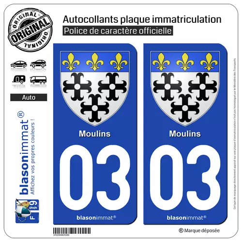 2 Stickers autocollant plaque immatriculation auto : 03 Moulins - Armoiries
