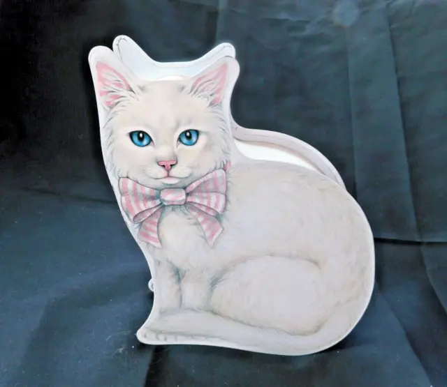 Sweet Cat Shaped Tin White Kitty Cat Pink Bow Blue Eyes