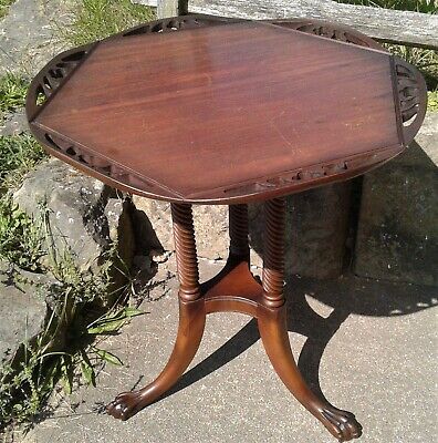 Antique Victorian Mahogany Parlor Stand w Claw Feet Rope Legs Pierced Top 1930s