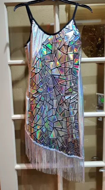 Pixiemain SHINY Silver XL Geometric Sequin women dress Holographic w/ fringe