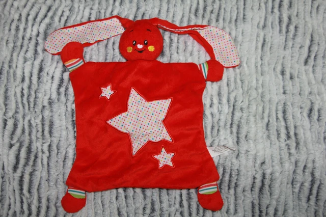 Doudou Auchan Lapin Plat Rouge Blanc Etoiles Neuf