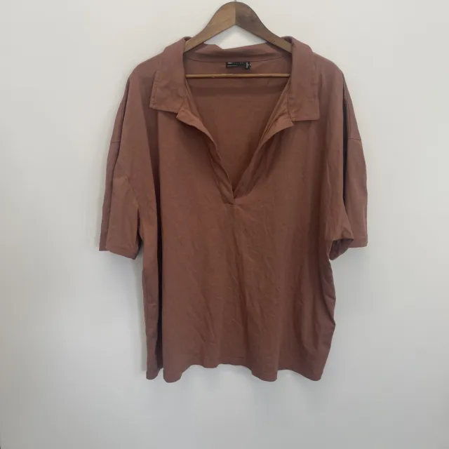 Asos Design Curve Blouse Size 18 Collard V Neck Oversized Brown Cotton