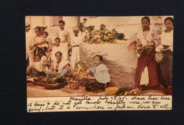 Philippines postcard, antique. Flower Market Manila. Posted in 1905.