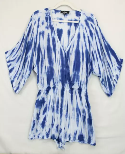 Lulus Romper Shorts Women M Faux Wrap Top Dolman Sleeves Seaside Tie-Dye Blue