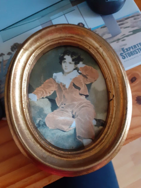 Cadre Photo Ovale En Bois Doré - Peinture Sur Soie Fragonard 'L'Automne' - Vintage