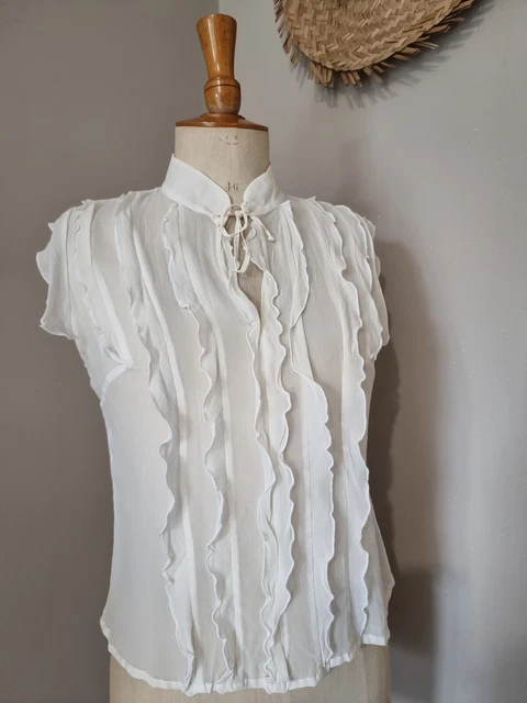CAROLL SUPERBE Chemisier Soie Blanc Ecru Volants EUR 29 00