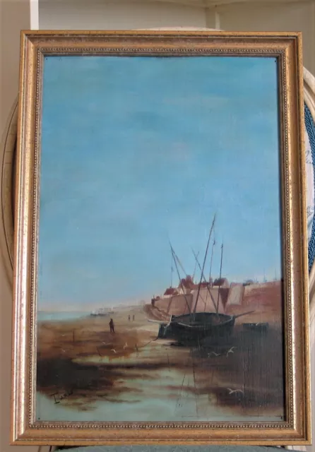Ancien tableau signé - peinture marine huile sur bois - 44 x 31 cm