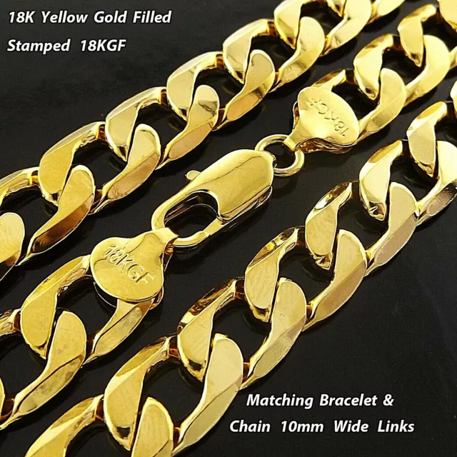 Necklace & Bracelets Real 18K Yellow Gold Filled Solid Curb Chain 10mm Wide Link