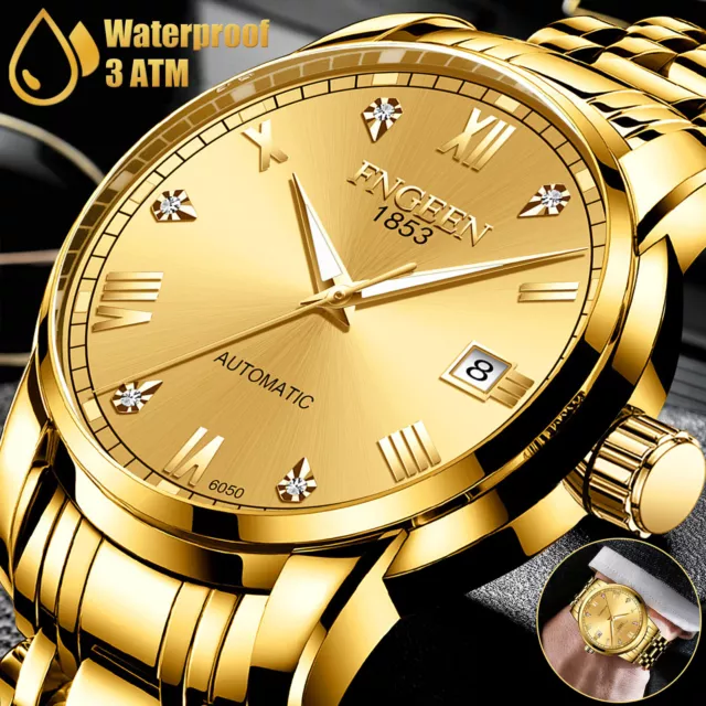 Luxury Men Automatic Mechanical Watch Waterproof Stainless Steel Gold Tone Wrist