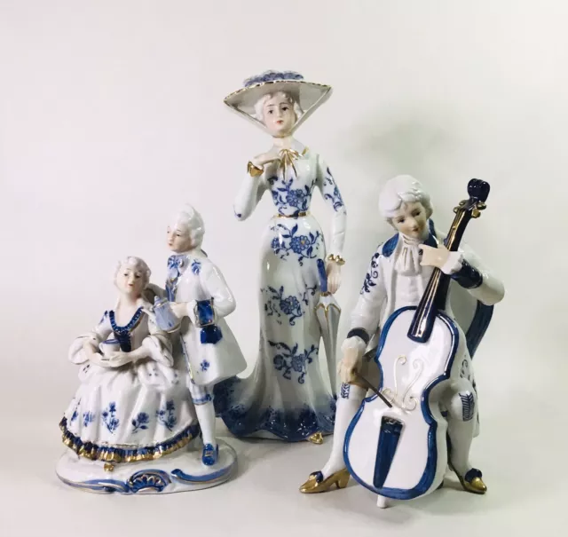 Lot Of Porcelain Eastern / Continental Blue & White Figurines Musical Lady Etc