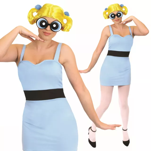 LADIES 1990s POWERPUFF GIRLS BUBBLES COSTUME & ACCESSORY SET ADULTS FANCY DRESS