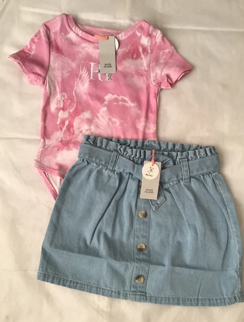 River island mini girls aged 2-3 years paperbag denim skirt outfit BNWT 12