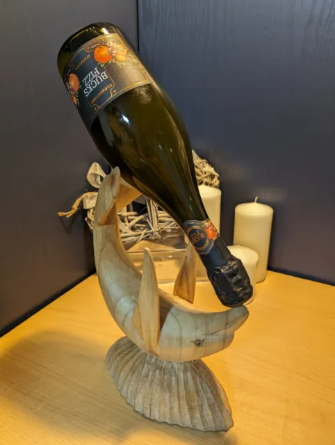 Fair Trade Hand Carved Made Wooden Dolphin Wine Bottle Holder