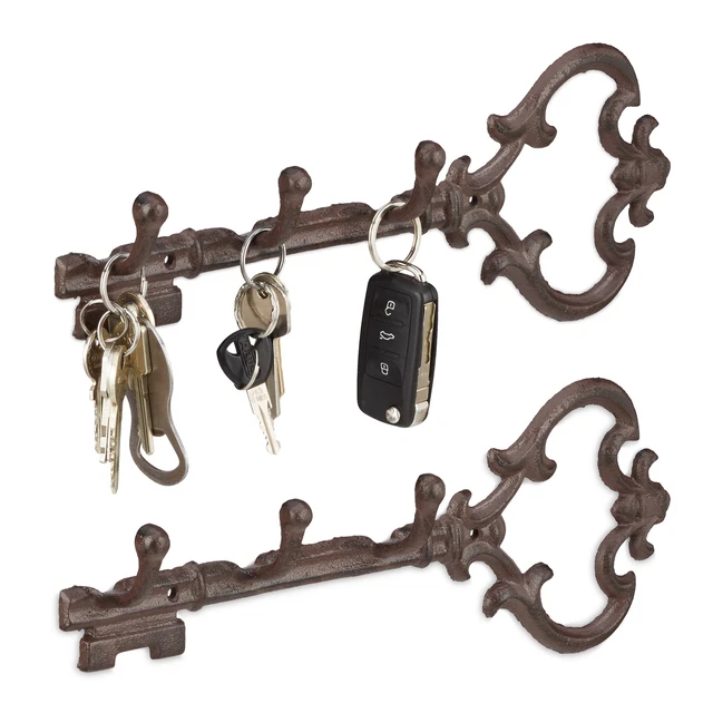 2 x Perchero pared hierro fundido, Colgador llaves con 3 ganchos, Forma de llave