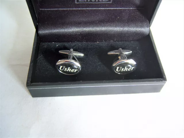 Mens Oval Silvertone, With Black Insert  ' Usher ' Cufflinks Set - Boxed 2