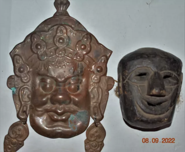 Nepal/Tibet Ritual 2 Masks, Copper/Wood 6" Early 1900S