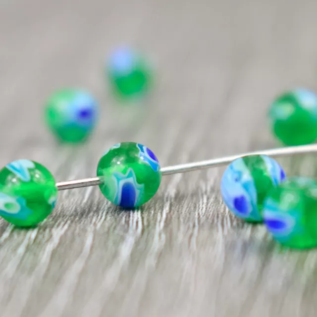 30 Millefiori Perlen Glasperlen Schmuck DIY Basteln Kugel Blumen grün blau 6mm