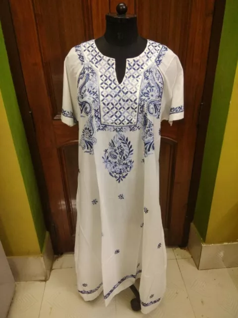 Vestido Maxi Étnico Hecho A Mano 2Xl 47" Largo Bordado Chikan Kurti 100%...