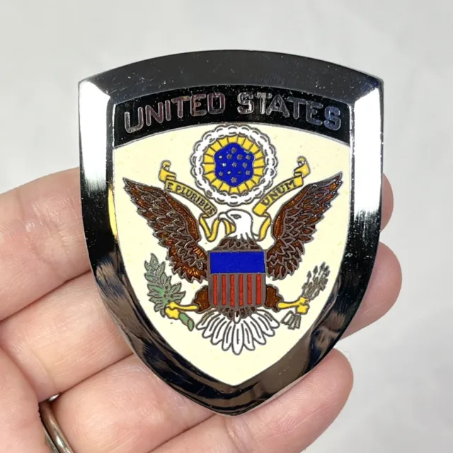 Vtg UNITED STATES Shield Eagle Car Grille BADGE Emblem, Cloisonne Enamel