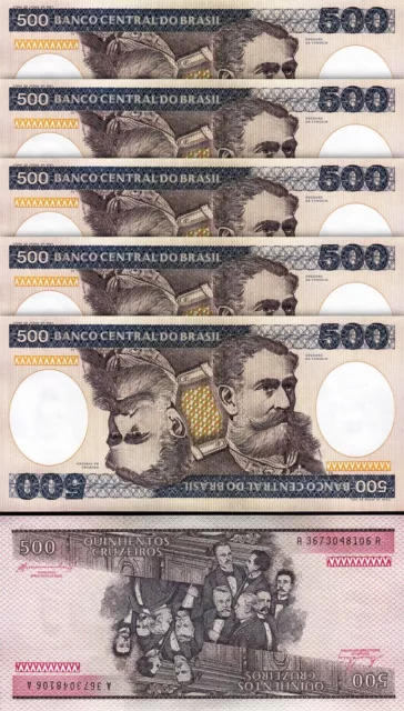 Brazil 500 Cruzeiros 1985, UNC, 5 Pcs LOT, Consecutive, P-200b, Sign 21