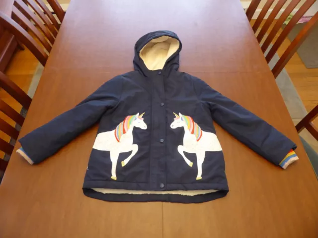 Mini Boden Girls 7-8 Blue Fleece Lined Jacket w/Appliqué Unicorn Horse Very Good