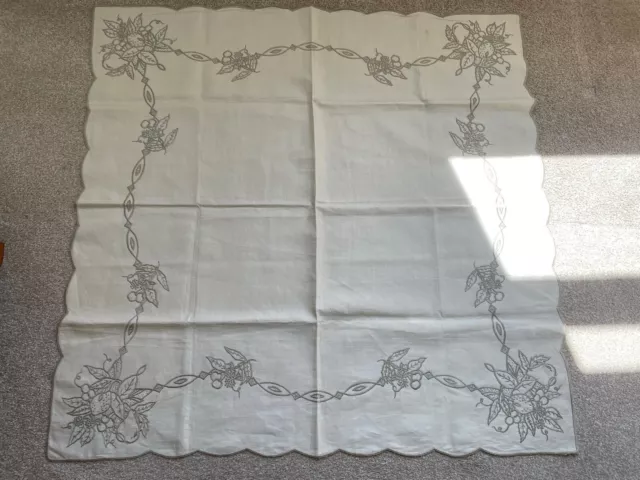 Vintage Cream/Coffee Hand Embroidered Scalloped Square Linen Tablecloth.