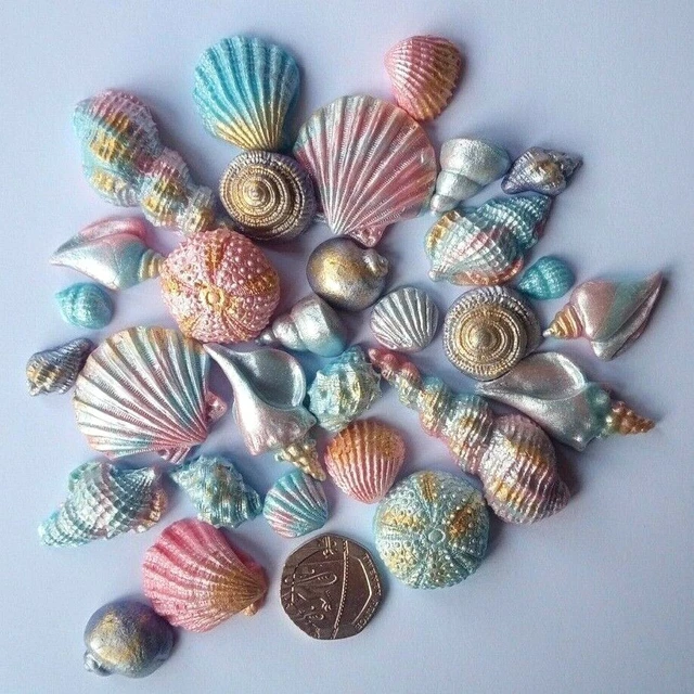 30 EDIBLE MERMAID Pink & Blue Pearl/Gold Shimmer Sea Shells, Cake