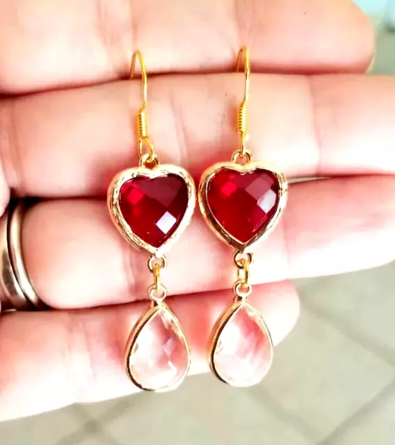 14k Gold Ruby Earrings Red Heart Earrings Crystal Simulated Ruby Dangle Earring