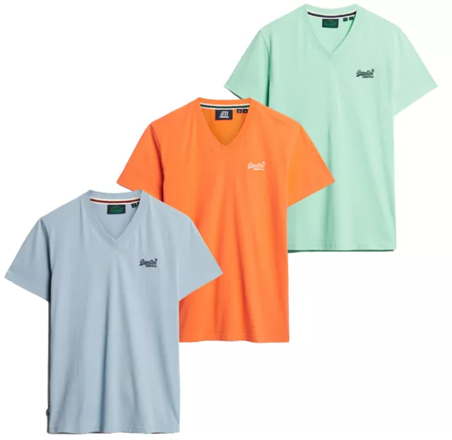 Superdry T Shirt V Neck Short Sleeve Essential Logo Blue Green Coral