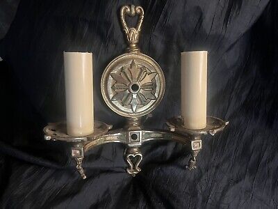 Antique Art Deco Brass Finish Electric Wall Double Candle Light Fixture Sconce