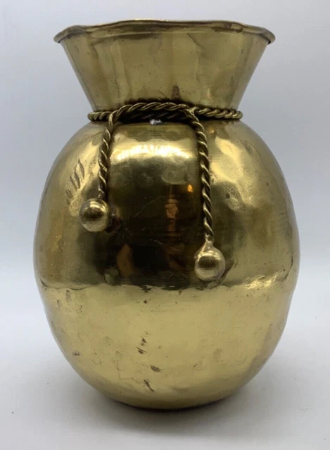 Vintage Hammered Brass Vase Unpolished Patina Twisted Rope Accent, India, 6.75” Vintage Hammered Brass Vase Unpolished Patina Twisted Rope Accent, India, 6.75”