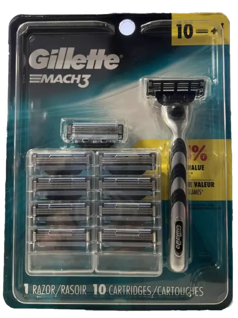 Gillette MACH3 Men's Razor Blade Cartridges Pack of 10 Refills and 1 Handle NEW