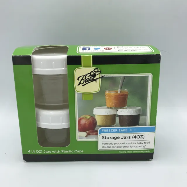 Ball Storage Jars Glass Plastic Caps White Baby Food 4oz x 4 Jars Freezer Safe