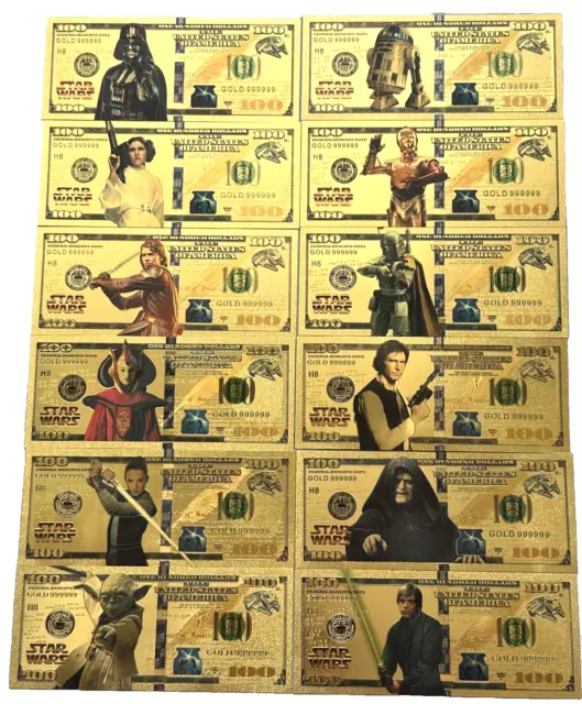 Star Wars Gold Foil Plated Banknotes 12 Pcs Darth Vader Yoda Collectible Gift