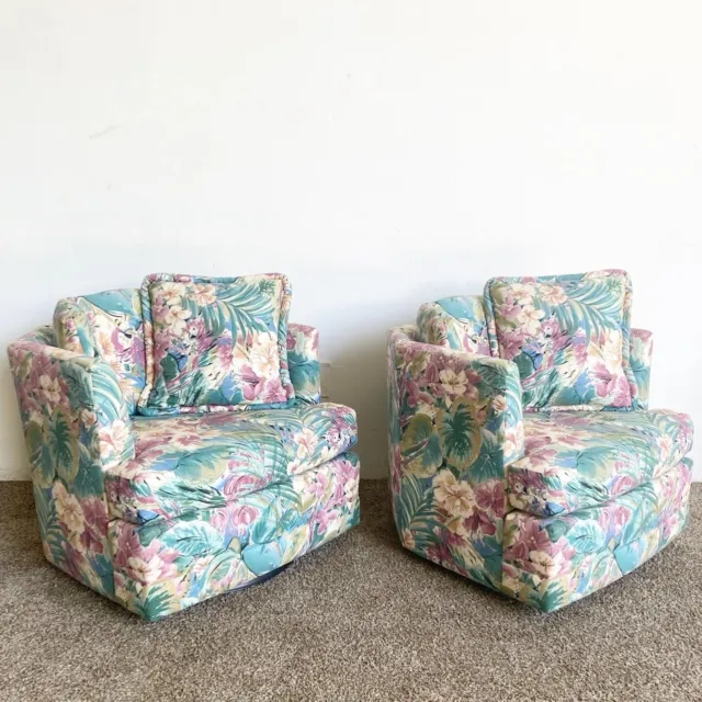 Postmodern Parrot and Foliage Swivel Chairs - a Pair