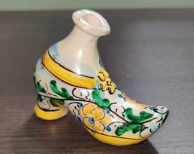 VNTG Art Pottery Miniature Shoe Vase Caltagirone Italy Majolica Hand Painted
