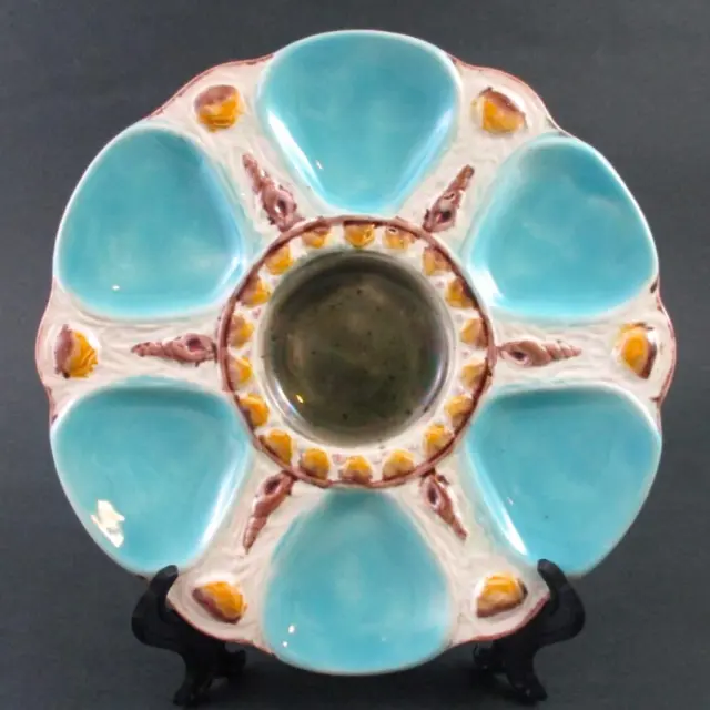 TURQUOISE Blue - Antique Fielding MAJOLICA  6 well OYSTER PLATE - SHELL FEET