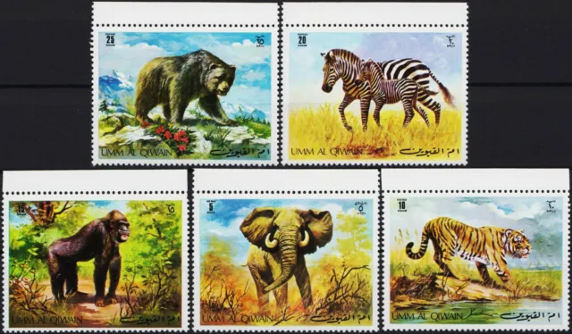 Umm Al Qiwain 1971 Wild Animals Elephant Tiger Cats Bear Zebra Monkey 5v set MNH
