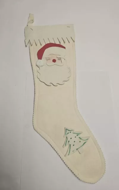 Vintage 70s Santa Claus Felt Christmas Tree Off White Stocking Mid Century 16"